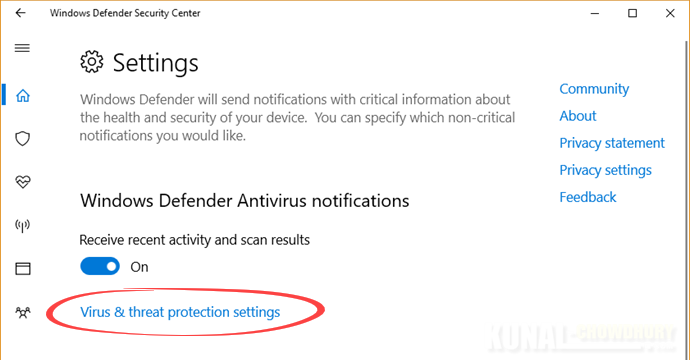 Virus and Threat Protection Settings in Windows Defender (www.kunal-chowdhury.com)