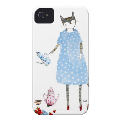 gouache painting, cat, fashion, polka dot, teapot, and strawberries illustration  /  iphone case
