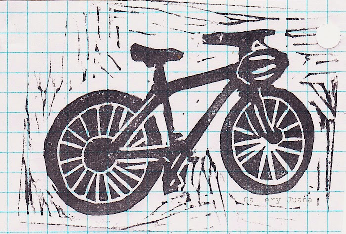 bike linocut, gallery juana