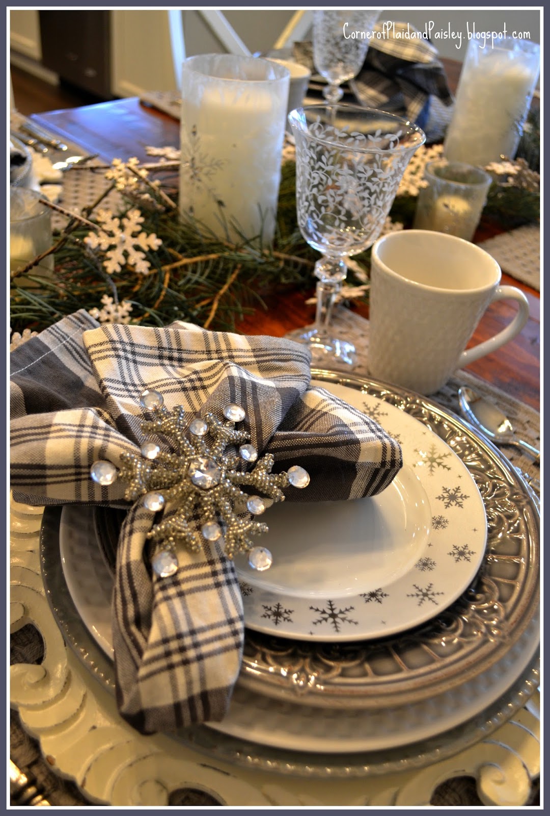 Winter Snowflake Tablescape - Corner of Plaid and Paisley