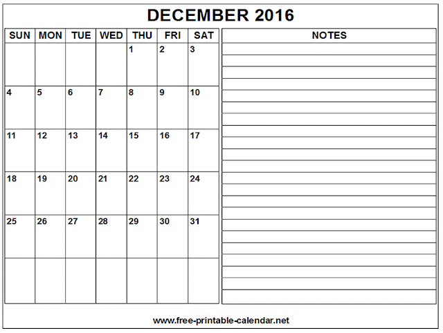 December 2016 Printable Blank Calendar Templates