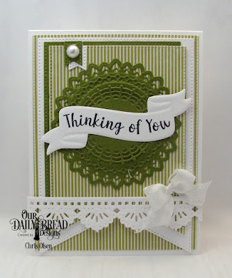 Our Daily Bread Designs, Wavy Words Stamp Die Duo, as well as Filigree Circles dies, Pierced Rectangles, Large Banners, Beautiful Borders Dies and Christmas Coordinating Paper Pad, designed by Chris Olsen