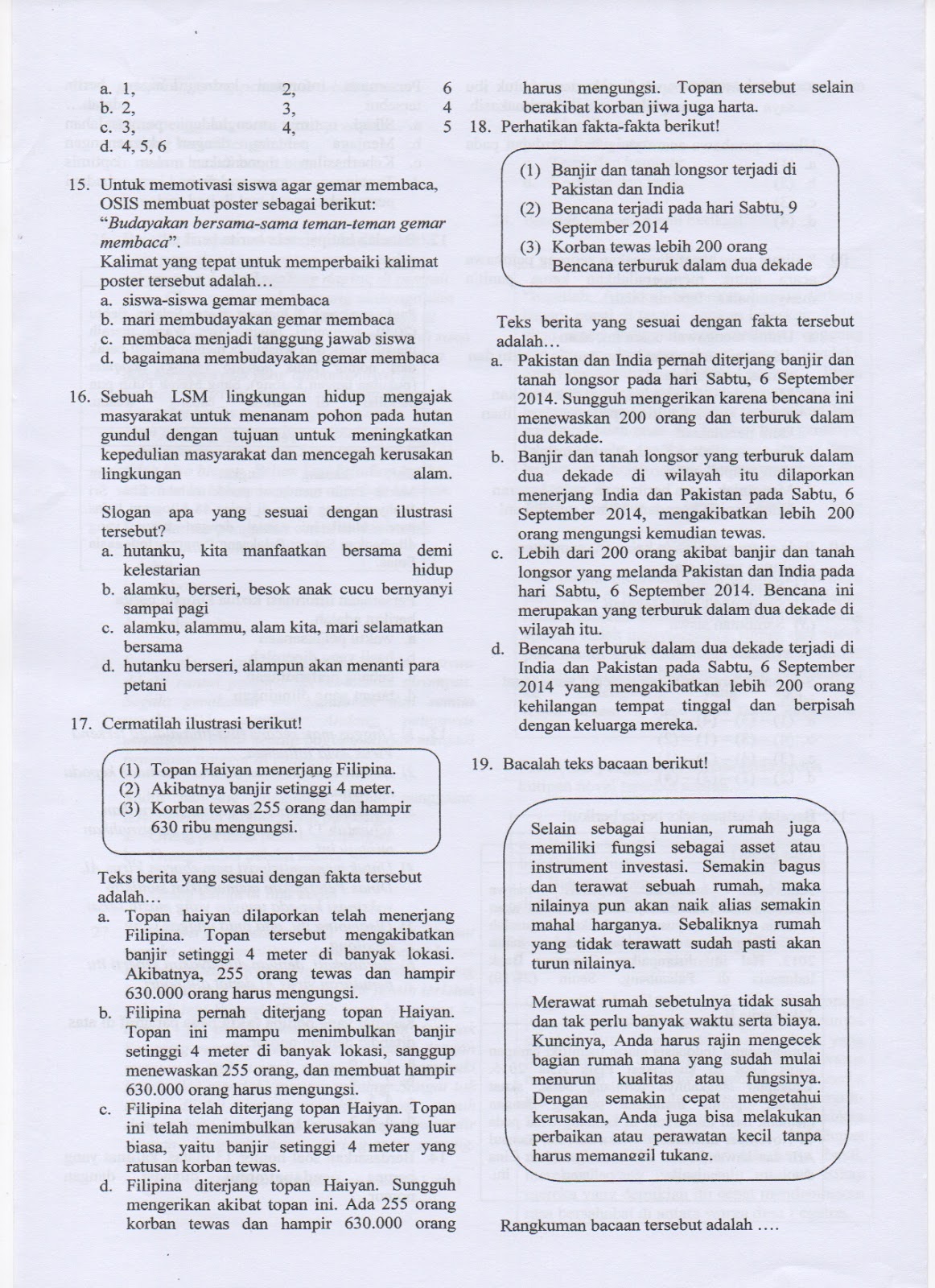 Soal Kelas 789 MID Semester 2 Bahasa Indonesia TP 2015/2016