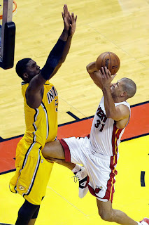 Shane Battier nailing Roy Hibbert in the groin balls nads you can ring my bell