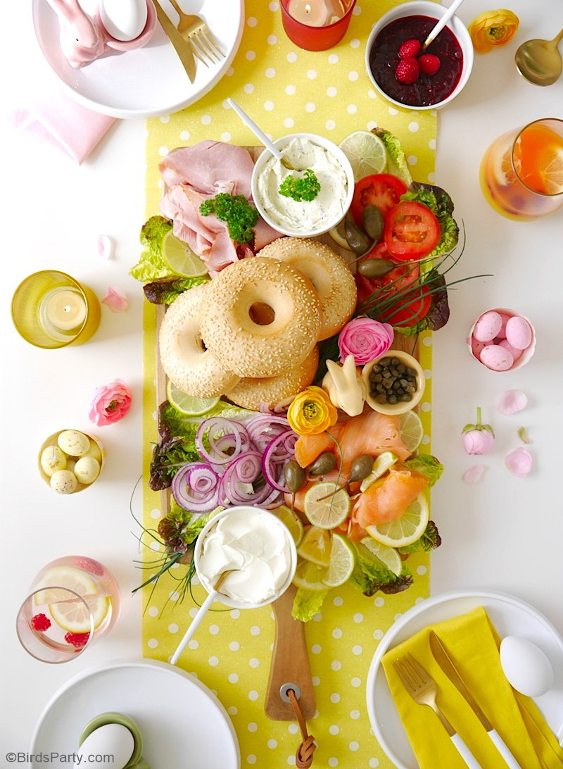 How To Build a Bagel Brunch Board - delicious, quick and easy ideas, tips and tricks to create a bagel board for Easter brunch or any spring celebration! by BirdsParty.com @birdsparty #Easter #easterbrunch #brunch #springbrunch #cheeseboard #bagelboard #charcuterieboard #brunchbagelboard #bagelbrunchboard