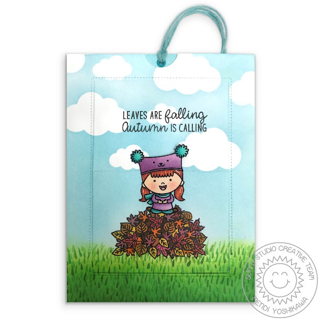 Sunny Studio Stamps: Autumn Girl with Pile of Leaves Pop-up Card using Sliding Window Die