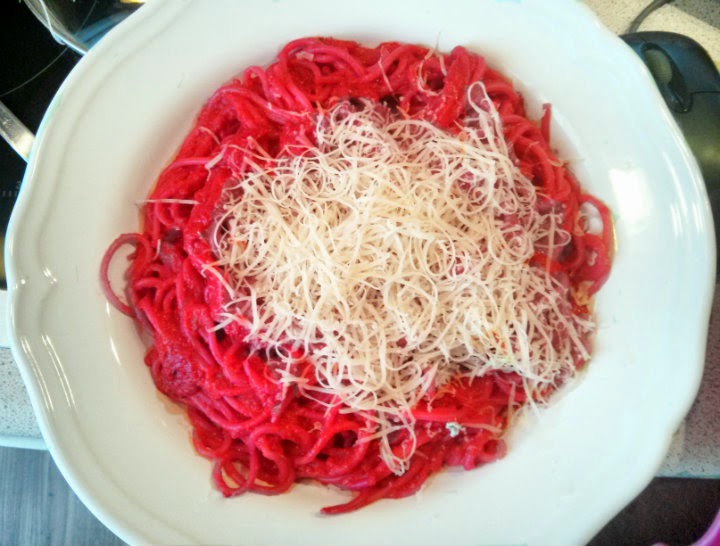pink spring pasta beets red peppers garlic onion feta cheese olive oil pesto