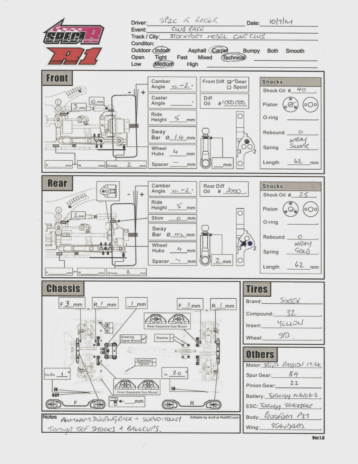 Spec R S1 Touring Car Blog: Set Up Sheets