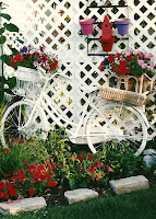 Decorar el jardín con bicicletas viejas, plantas y flores 