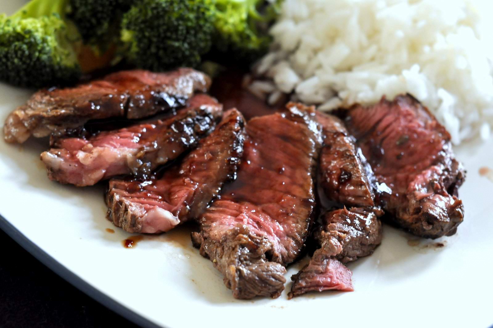 Grilled Flank Steak with Fiery Pomegranate Sauce, White Rice, and Steamed Broccoli | Taste As You Go