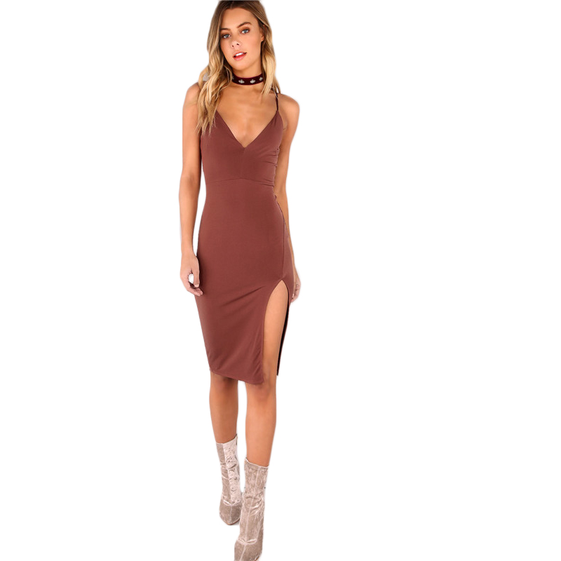 Sexy Bodycon Party Dress Women Brown V Neck Side Split Slim Summer Cami