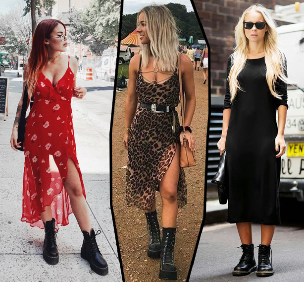 coturno com vestido midi