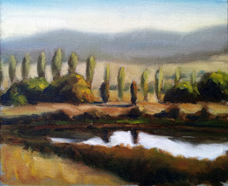 Oil painting of a small body of water with trees in the middle ground and distant mountains.
