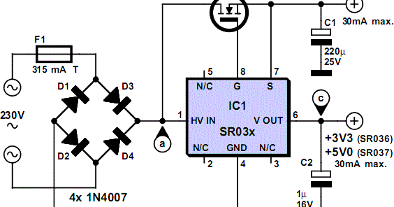 220V AC to 3.3V or 5V DC Transformerless Power Supply ~ Power Supply