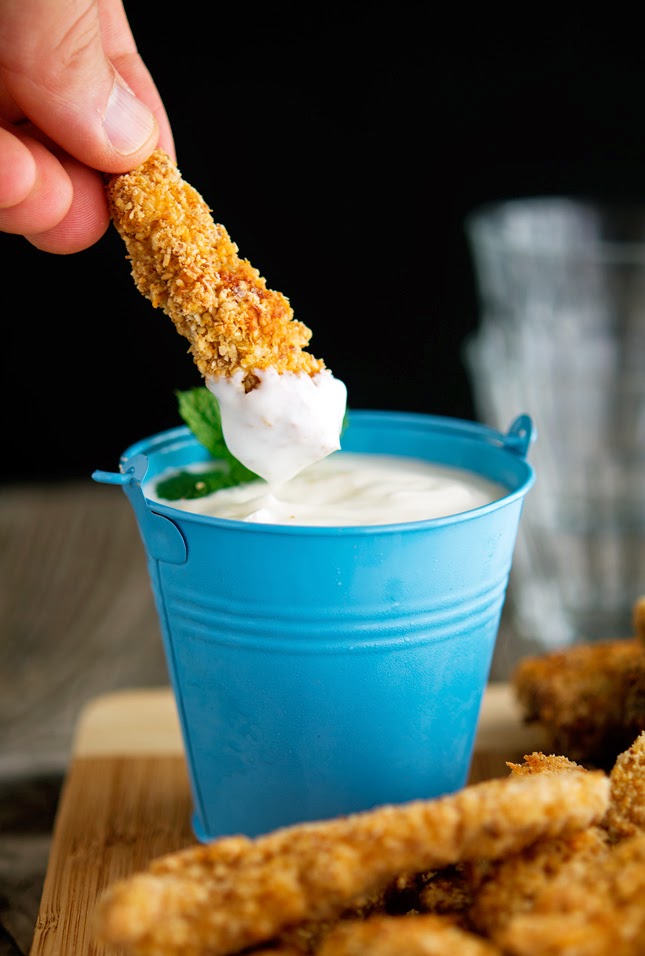 Ultimate Sesame Coconut Chicken Fingers with Minty Yogurt Dip 