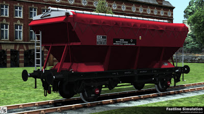 Fastline Simulation: A clean CEA hopper in unbranded EWS maroon livery from the side with sheet rubbers and cleats.