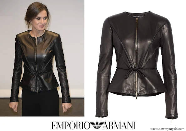 Queen Letizia wore EMPORIO ARMANI Leather Peplum Jacket