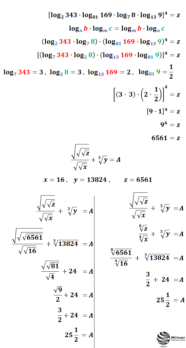 W podanych działaniach będziemy korzystać z następującego wzoru z mnożeniem logarytmów o różnych podstawach: log_n(b) • log_m(c) = log_m(b) • log_n(c). Czynniki dobieramy odpowiednio tak, żeby można było obliczyć wartość logarytmów wiedząc, że pomiędzy tymi logarytmami zachodzi powyższy związek. Oblicz: log_4(6) • log_7(25) • log_36(16) • log_5(49) = x,              log_8(9) • log_3(64) • log_5(121) • log_11(125) = y. 