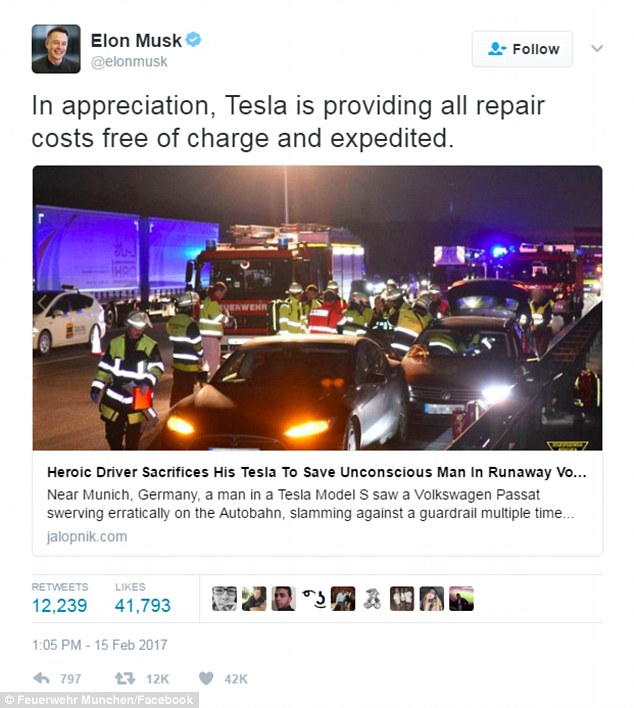 Elon Musk hails hero who sacrificed his Tesla to save another driver's life (and says his car will be fixed for free)