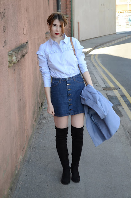 Blue prairie shirt from Marks and Spencer, Alexa Chung style, Thigh high black suede boots from Public desire, Denim skirt, Light blue jacket from Asos. 