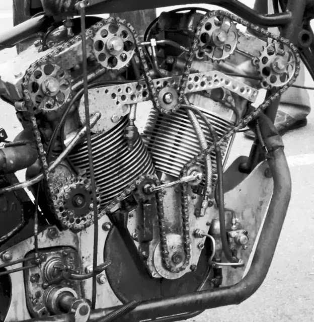 Just A Car Guy chain drive dual overhead cam, on a v twin. Cool