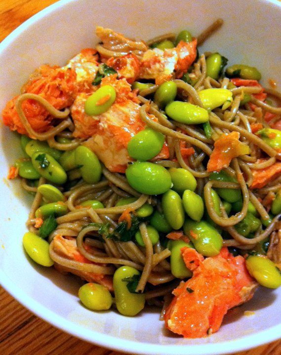 from the kitchens of kkp edamame soba salad with grilled salmon
