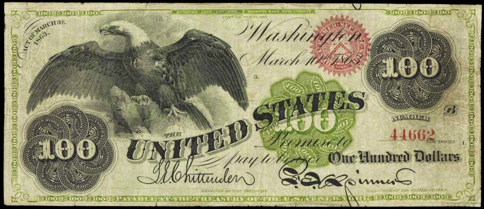 1863 One Hundred Dollar Legal Tender Note "Spread Eagle"World