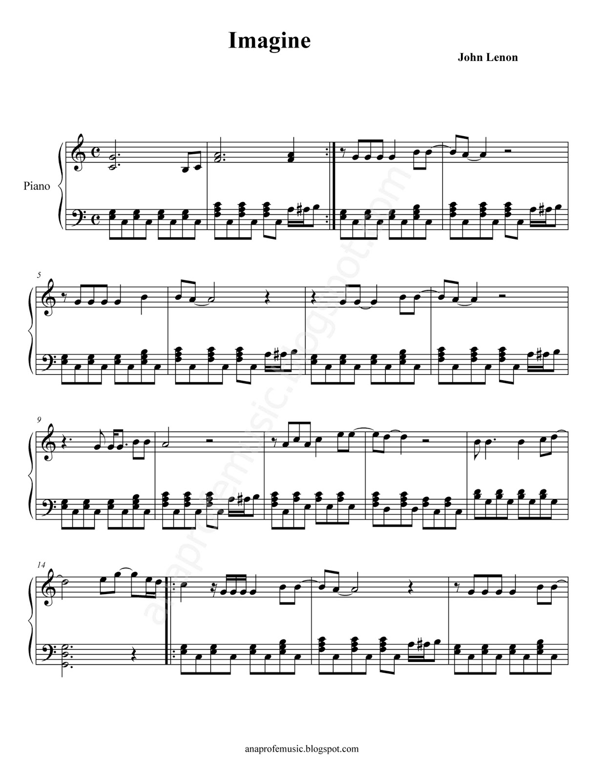 chisme Humedad compromiso AnaProfeMusic: Imagine, de John Lenon (partitura para piano Fácil)