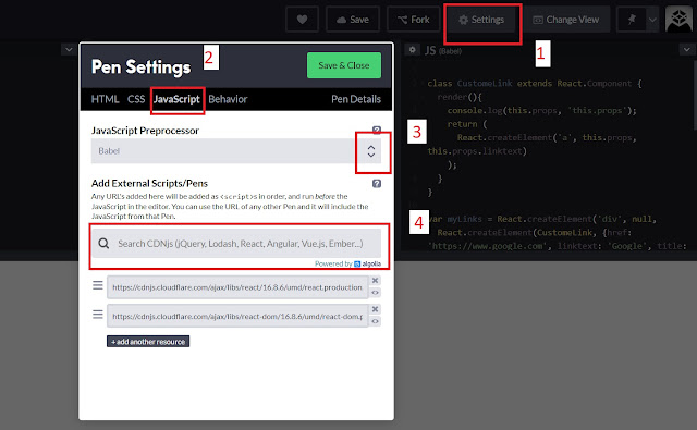 How to setup codepen for React js