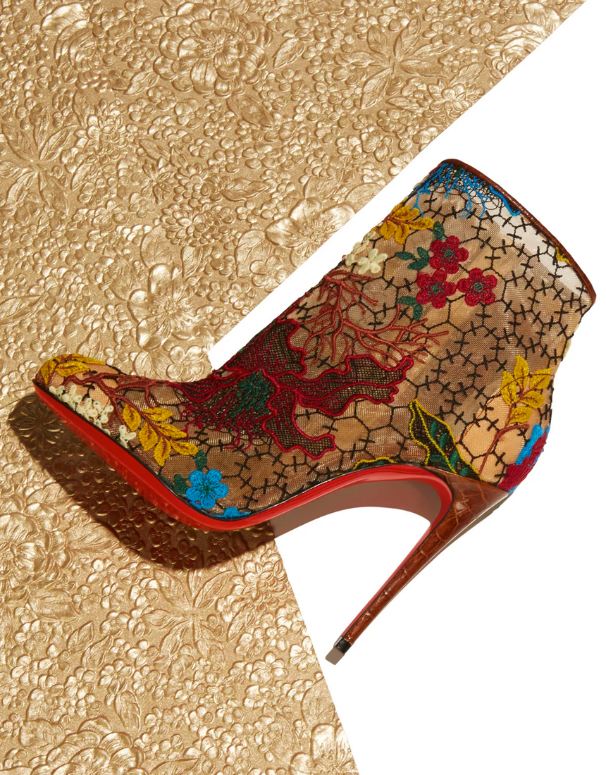 Christian Louboutin Miss Tennis Embroidered Lace Red Sole Bootie, Brown