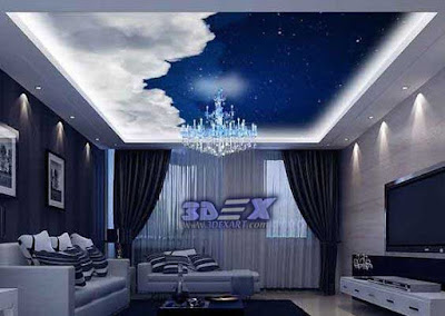 3d ceiling design, clouds mural on false ceiling design for living room 2019 