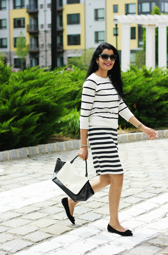 Striped Pencil Skirt, Black And White Stripe Skirt, Stripes On Stripes Outfits