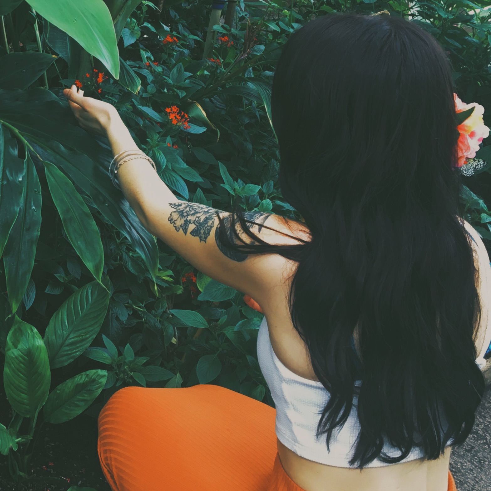 girl touching plants and butterflies