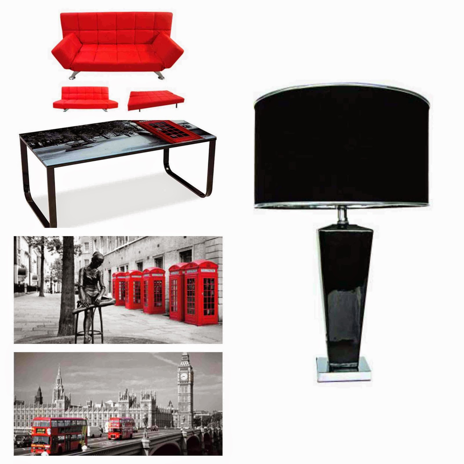 Coffee table metal legs glass top London wall art red sofa bed 