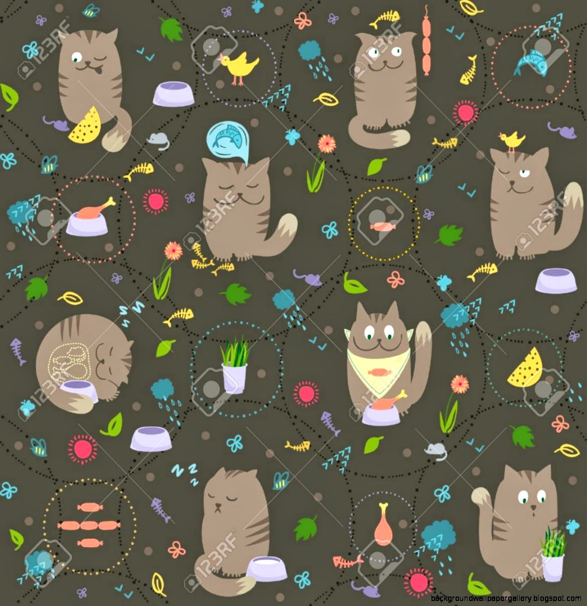 Vector Seamless Pattern With Cute And Playful Cats Are Eating