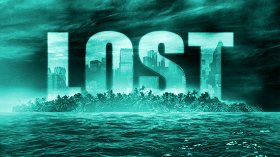 'Lost' promo image with the name in large capital letters, a city skyline visible inside them, rising up from a misty, craggy island