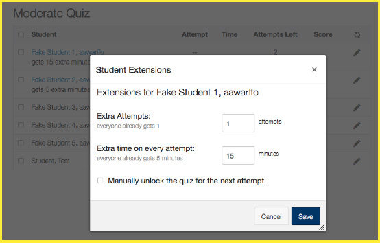  Moderate this Quiz link allows you to grant additional time for students on quizzes.