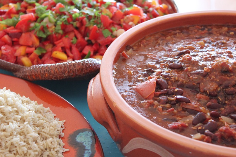 Coconut and Kidney Bean Chilli with rice and peach salsa