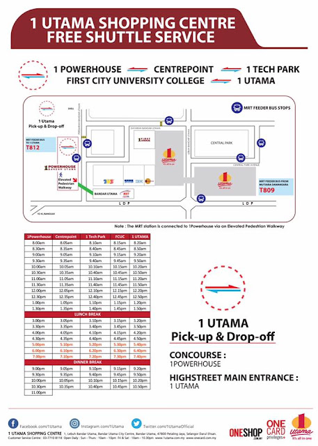 1 Utama Shopping Centre Free Shuttle Bus Service Schedule MRT Station