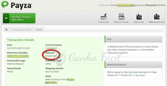 payza bonus dinheiro referido referidos money