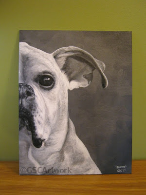 baxter boxer elderly dog canine animal pet mammal monochome black and white acrylic painting art painterly