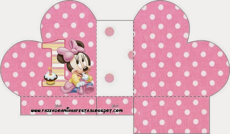 Minnie Primer Año con Lunares: Cajas para Imprimir Gratis. Caja abierta en forma de corazón de Minnie Primer Año con Lunares.