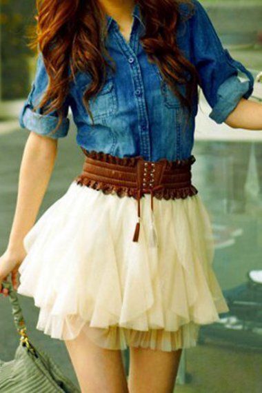 blue jean shirt and tulle skirt