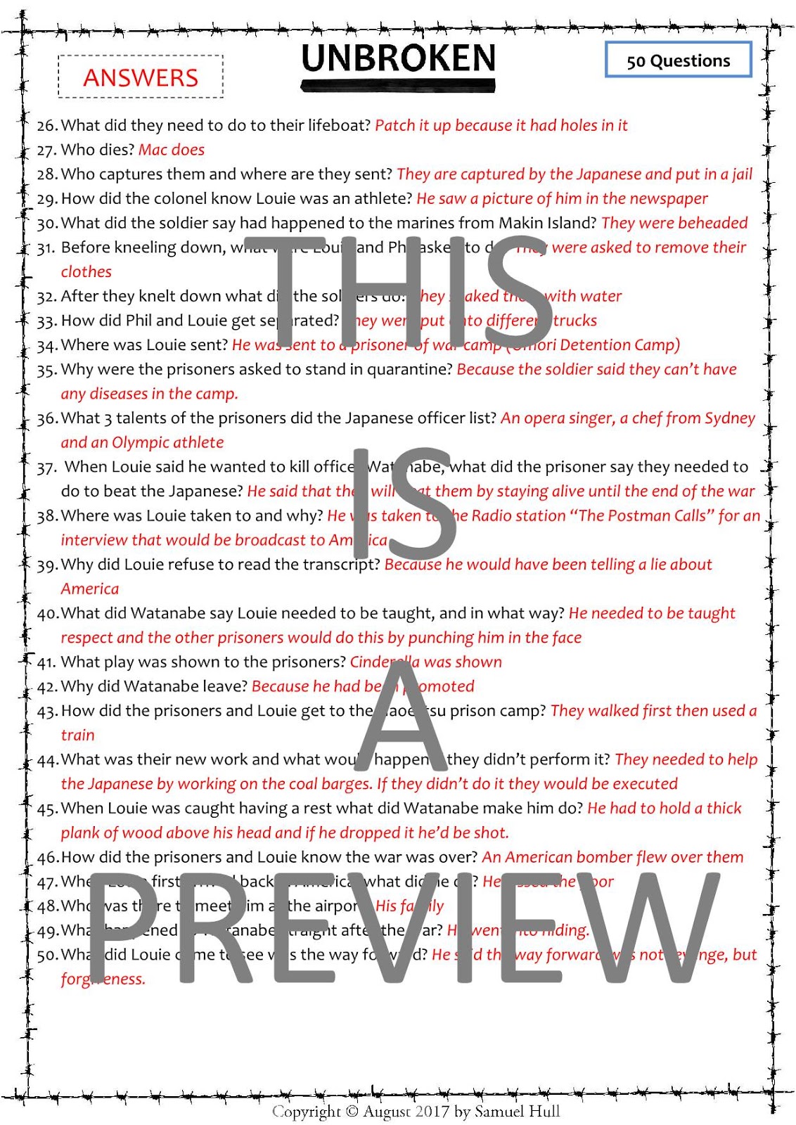 Unbroken (2014) Movie Questions + Activities Answer Keys Included