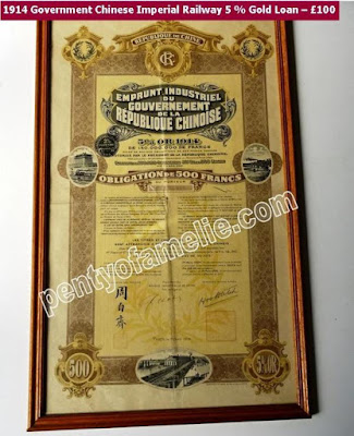 1914 Government Chinese Imperial Railway 5 % Gold Loan 500F 1914 Government Chinese Imperial Railway 5 % Gold Loan 500F