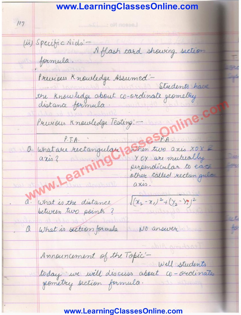 Coordinate Geometry Math Lesson Plan on Distance and Section Formula for Class 10