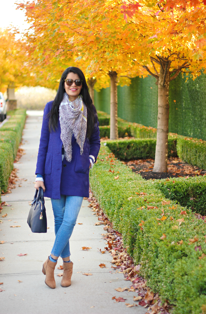 Zara Blue Coat, Fall Outfit Ideas, Tan suede booties, Tan suede ankle boots