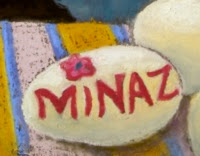 close-up of pastel Printed MiNAZ within the art and added flower to the 'i'