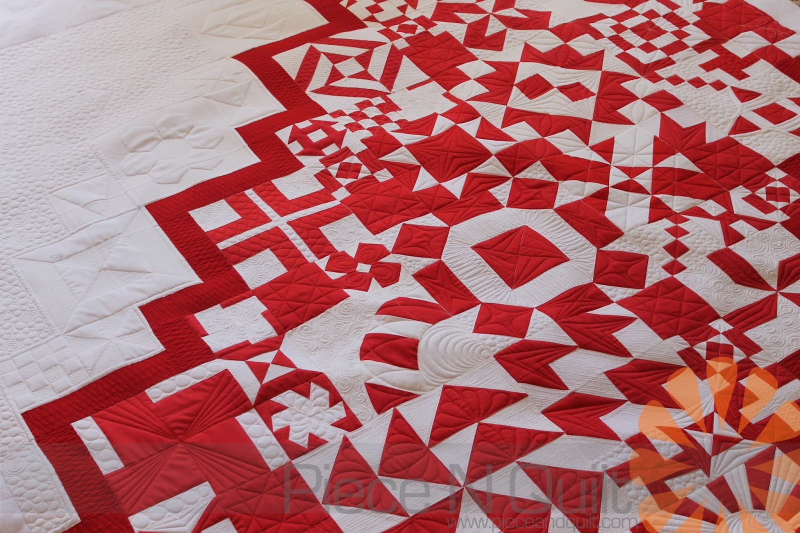 Piece N Quilt Red & White Block Exchange Quilt Custom Machine