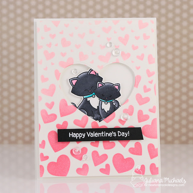 Happy Valentine's Day Card with Distress Oxide Die Cut Stenciled Ombre Background by Juliana Michaels featuring Newton's Nook Designs Newton's Sweetheart Stamp Art and Tumbling Hearts Stencils